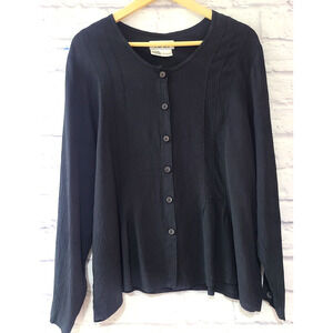 Flax Button Front Top Blouse Women's Medium Black Pleated Lagenlook Minimalist
